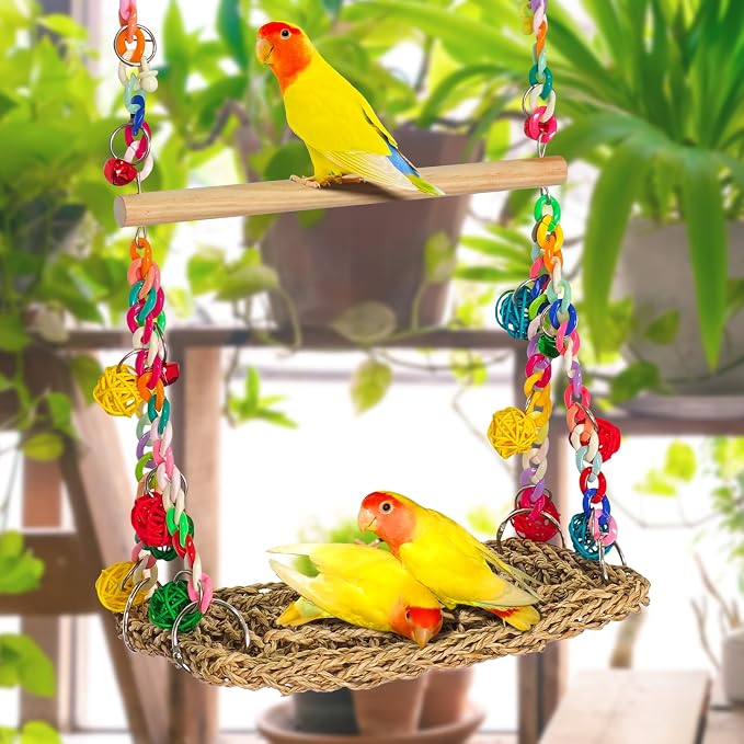Natural Bird Swing Toys with Wood Perch, Double Layer Bird Seagrass Woven - Image 4