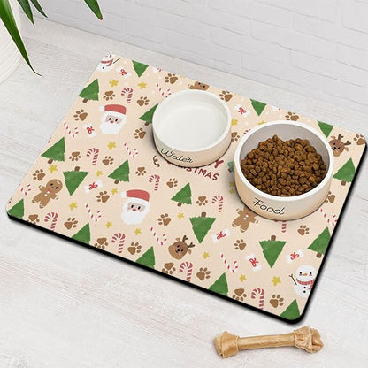 Christmas Dog Food & Water Mat, Paw Prints Santa Claus Snowman Xmas Pet Feeding by Stunnoosy