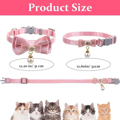 2 Pack Pink Cotton Cat Collars for Girl Cats, Cute Pearl Bow Kitten Collar - Image 2