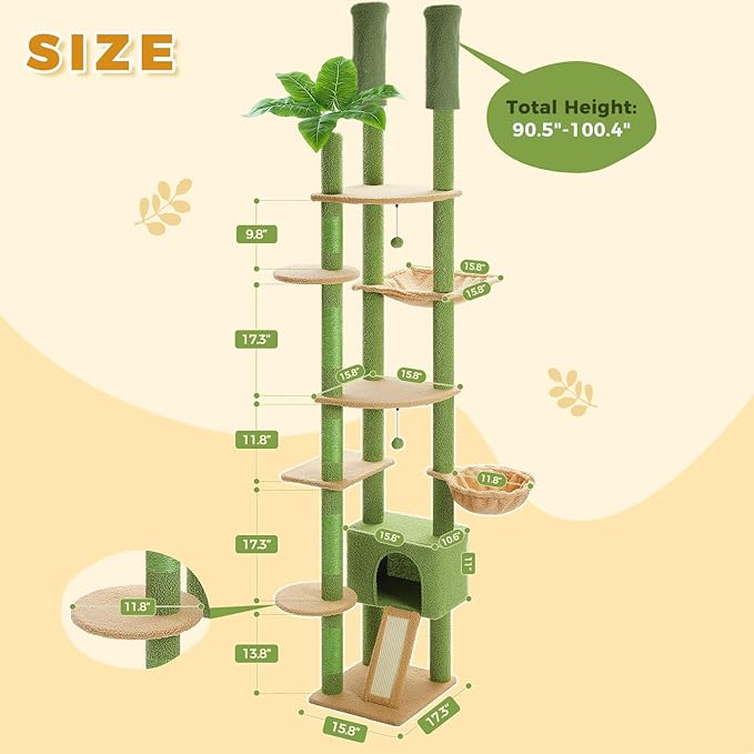 PETEPELA Floor to Ceiling Cat Tree, Adjustable 90.5''-100.4'' Cat Tower Cactus - Image 3