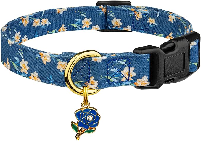 Cotton Handmade Dog Collar Cute and Distinctive Patterns Blue Tulip by Fyeqyaou
