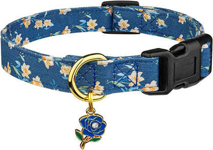 Cotton Handmade Dog Collar Cute and Distinctive Patterns Blue Tulip by Fyeqyaou