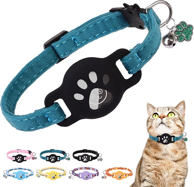 AirTag Cat Collar with Bells, Soft Velvet Cat Collar Breakaway with Airtag by DILLYBUD