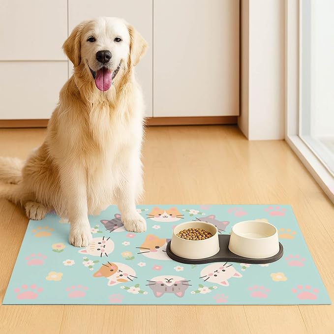 Cat Feeding Mat 24x16 inch Kitten Print Pet Bowl Placemat Non Slip Floor Mat - Image 3