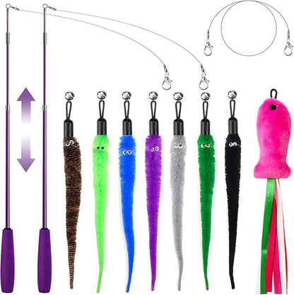 Cat Toys for Indoor Cats, 2 Retractable Cat Wand & 7PCS Worm Teaser Refills by ZeyZoo