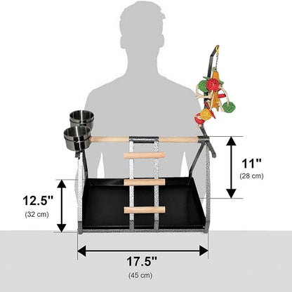 Parrot Bird Perch Table Top Stand Metal Wood 2 Steel Cups Play - Image 3