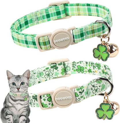 2 Pack St. Patrick's Day Cat Collars, DOGWONG Spring Green Shamrock Cat Collars by DOGWONG
