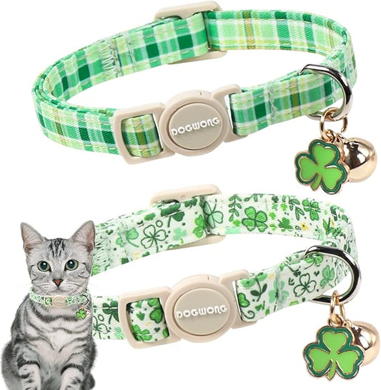 2 Pack St. Patrick's Day Cat Collars, DOGWONG Spring Green Shamrock Cat Collars by DOGWONG