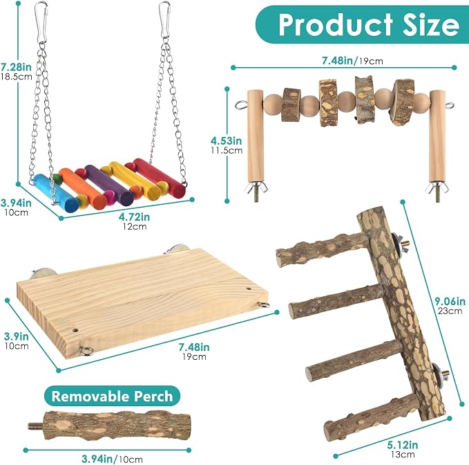 4 Pcs Bird Perch with Swing, Parrot Perches Platform with Chew Blocks, Natural - Image 2
