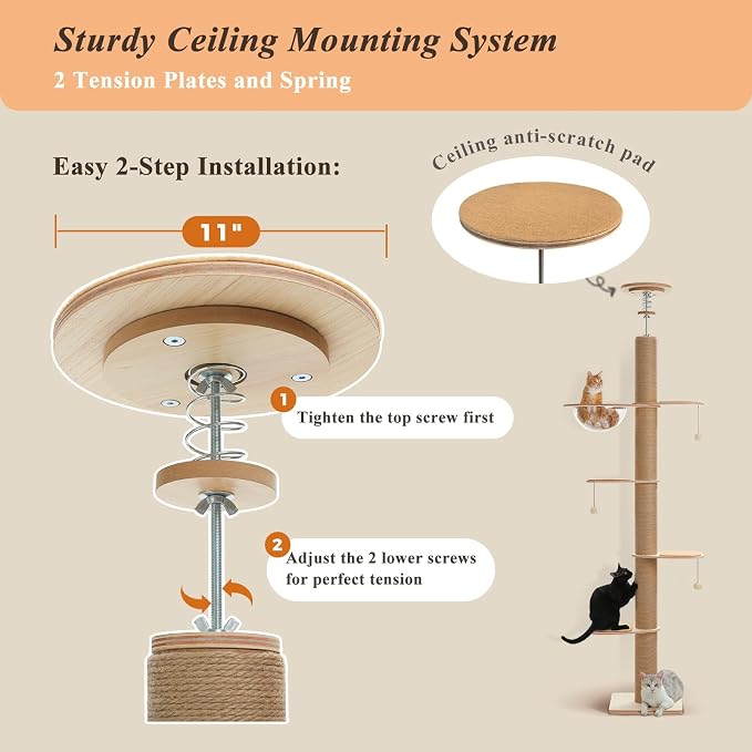 PETEPELA Floor to Ceiling Cat Tree, Adjustable Height Solid Wooden Tall Cat - Image 3