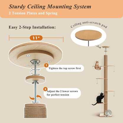 PETEPELA Floor to Ceiling Cat Tree, Adjustable Height Solid Wooden Tall Cat - Image 3