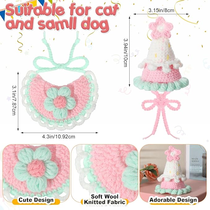 Sanwuta 2 Pcs Cat Birthday Party Supplies, Knit Cat Hat Kitten Birthday Bib - Image 3