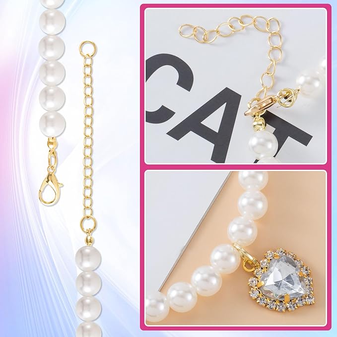2pcs Cat Dog Pearl Collar, Small Heart Shape Rhinestone Pet Necklace, - Image 6