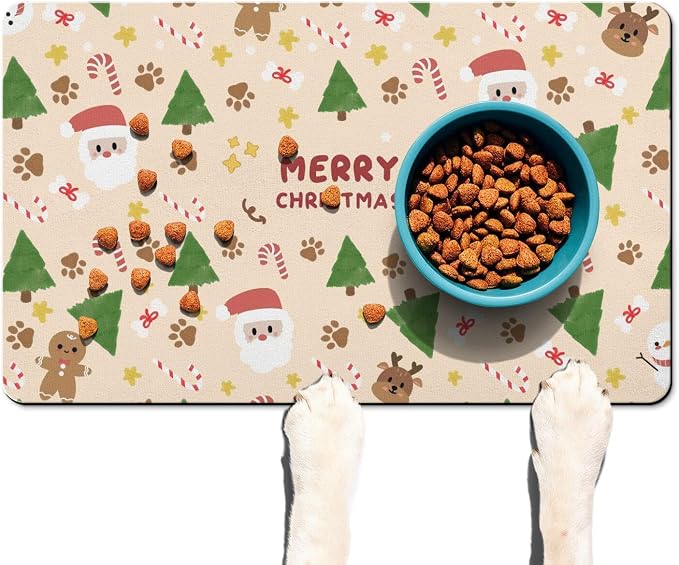 Christmas Dog Food & Water Mat, Paw Prints Santa Claus Snowman Xmas Pet Feeding - Image 7