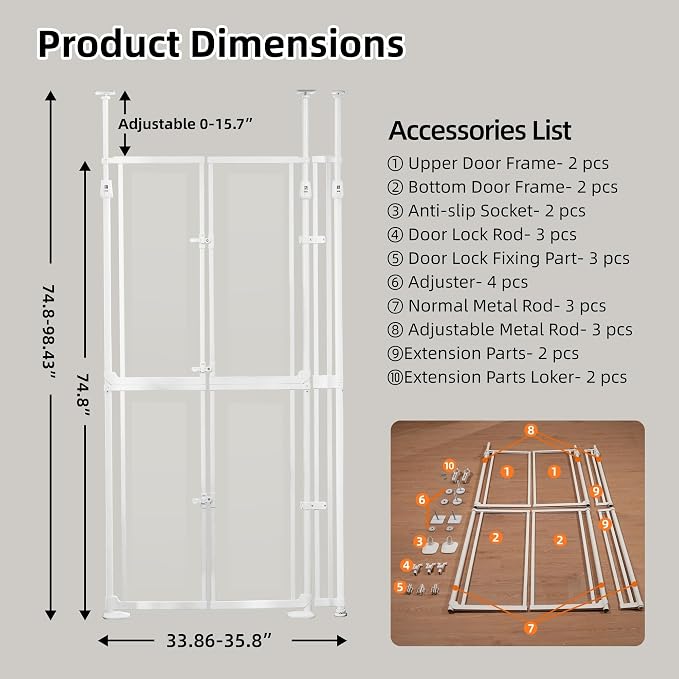 74.80-98.43'' Extra Tall Cat Gate, Adjustable 33.86” and 35.80" Wide, - Image 6