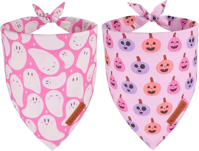 ADOGGYGO Pink Halloween Dog Bandanas 2 Pack, Reversible Ghost Pumpkin Scarf Bib by ADOGGYGO