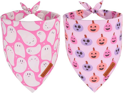 ADOGGYGO Pink Halloween Dog Bandanas 2 Pack, Reversible Ghost Pumpkin Scarf Bib by ADOGGYGO