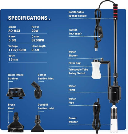 AQQA Aquarium Gravel Cleaner Kit, 6 in 1 Electric Fish Tank Vacuum Cleaning - Image 7