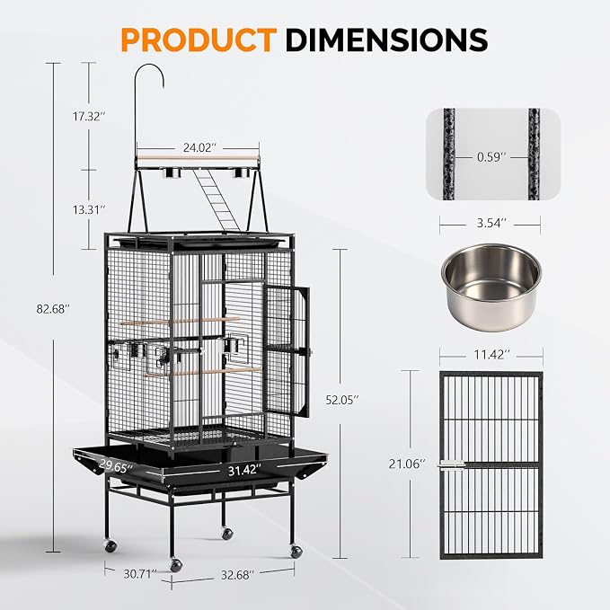 VINGLI 83 Inch Bird Cage with Play Top, Large Wrought Iron Bird Cage with Wheels - Image 5