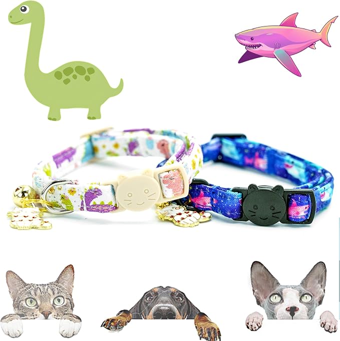Elegant little tail 2 Pack Cat Collar-Dinosaur & Shark Cotton Breakaway Cat - Image 4