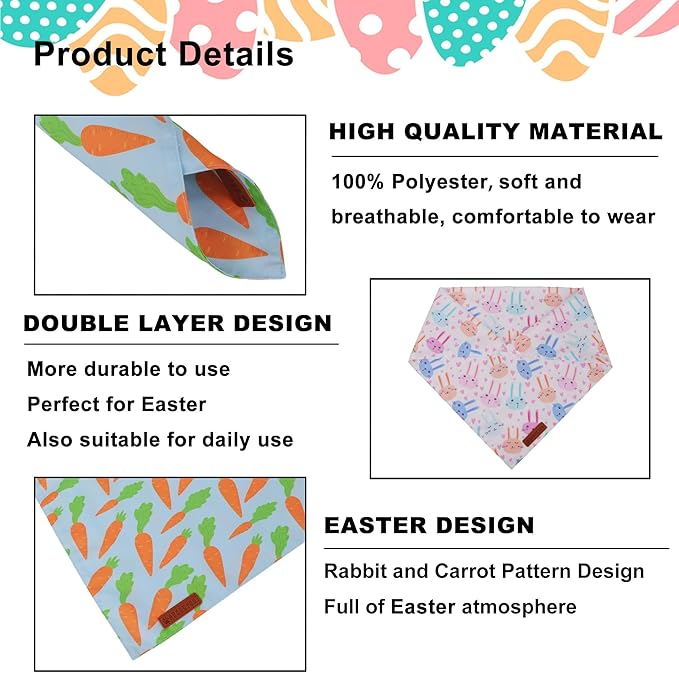 ADOGGYGO Easter Dog Bandanas 2 Pack, Reversible Bunny Carrot Print Puppy Scarf - Image 5