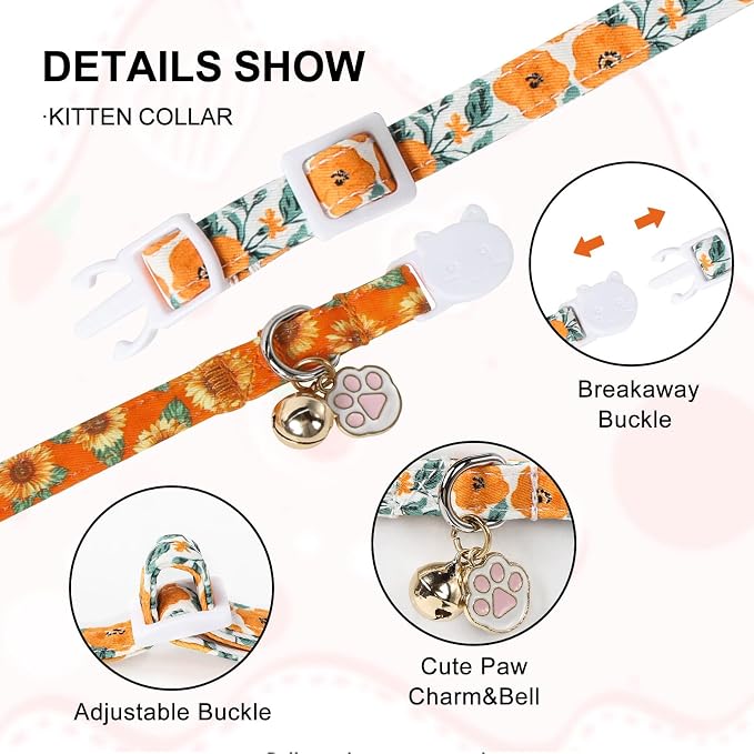 Unique Style Paws Fall Kitten Collar, 2 Pack Orange Cat Collar - Image 3