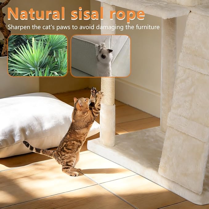 BestPet | 81" Cat Tree Tower | Cream | Sturdy, Hanging Cat Toys, Observation - Image 6