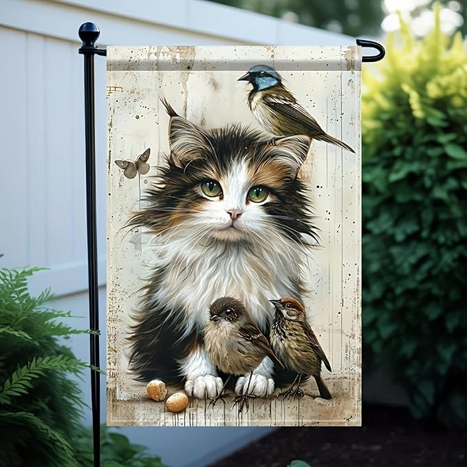 Cat and Birds Garden Flag 12x18 Inch Double Sided Outdoor Yard Banner Fluffy - Image 4