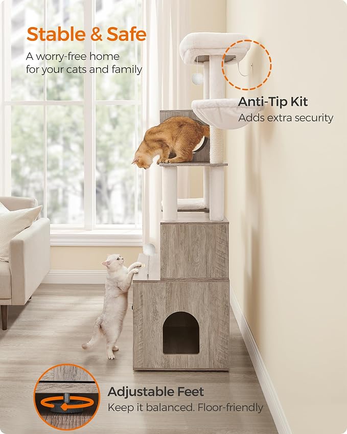 Feandrea Cat Tree with Litter Box Enclosure, 70.1-Inch Tall Cat Tower, 2-in-1 - Image 9