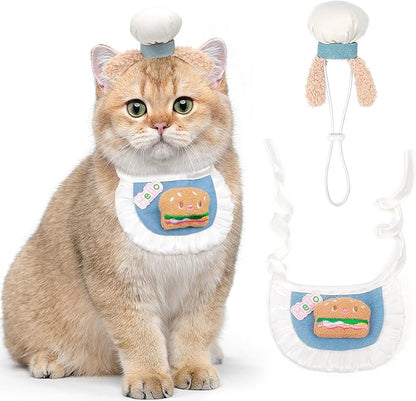 HOWWFALY Cat Halloween Costumes Pet Chef Hat &Hamburger Bib Costume Set by HOWWFALY