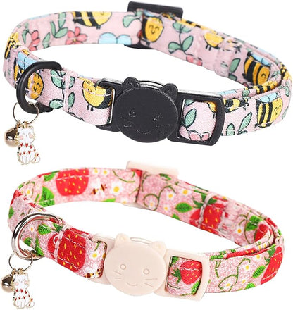 Cat Collar-2 Pack Cat Collars bee & Strawberry Cat Collar Breakaway by BoboRainbow