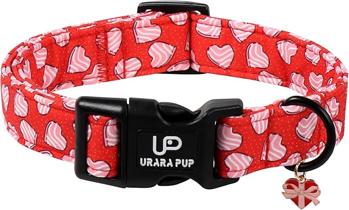 Valentine's Dog Collar, UP URARA PUP Pink Heart in Red Adjustable Pet Collar by UPURARAPUP