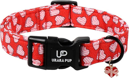 Valentine's Dog Collar, UP URARA PUP Pink Heart in Red Adjustable Pet Collar by UPURARAPUP