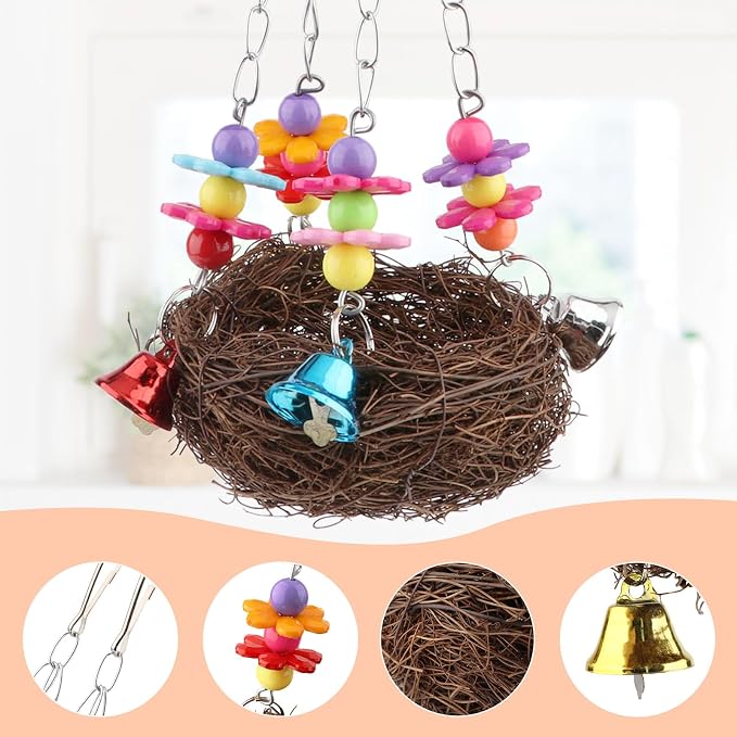 Hypeety Natural Rattan Nest Bird Swing Toy Colorful Flowers Bells - Image 3