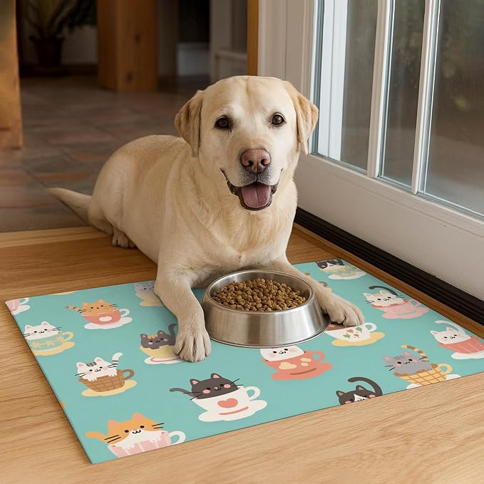 Cat Feedings Mats 20x12 inch Teacup Cat Print Pet Bowl Placemat Non Slip Mat - Image 4