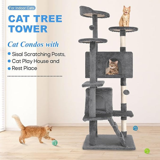 FDW | 54" Cat Tree Tower | Light Gray | Multi-Level Indoor Activity Center - Image 2