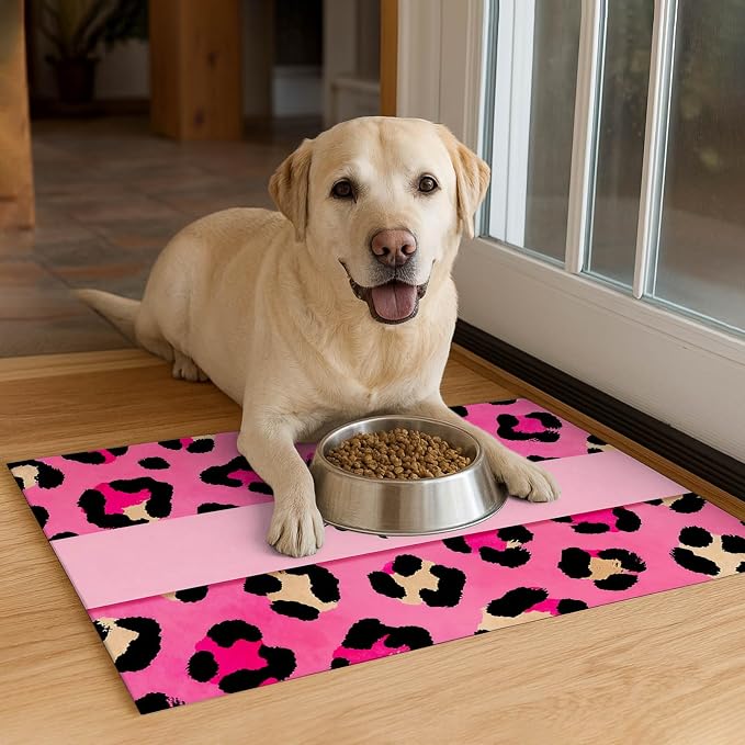 Puppy Feeding Mat 24x16 inch Hot Pink Leopard Print Pet Bowl Placemat Non Slip - Image 4