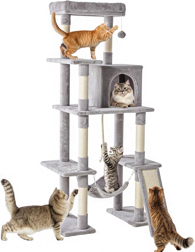 Large Cat Tree 63 Inch, Sisal Scratching Posts Board and Hammock, Pet Play House - Image 7