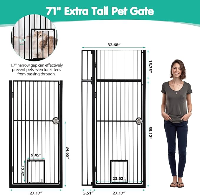 71" Extra Tall Pet Gate with Cat Door, No Drill Pressure Mounted Auto-Close - Image 2