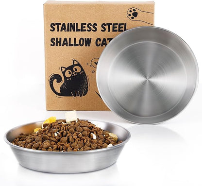 2-Pack Stainless Steel Cat Food Bowls, Shallow Whisker-Friendly Non-Slip by OriginalDesignbyPetLovers