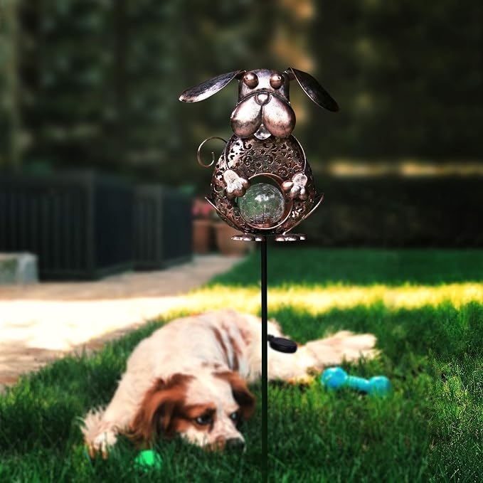 KAIXOXIN Garden Solar Lights Metal Dog Crackle Glass Globe Stake Light - Image 2