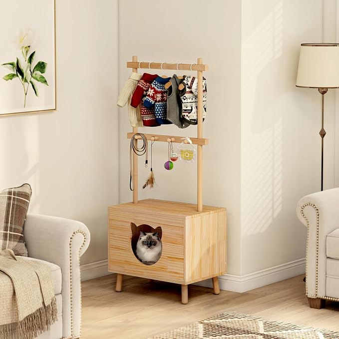 LOYIGA Cat House Side Table, Dog Closet Wooden Pet House Kitten Clothes Rack - Image 2