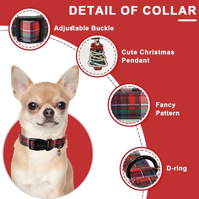 Christmas Dog Collar, Unique Style Paws Red Green Grids Dog Collar - Image 3
