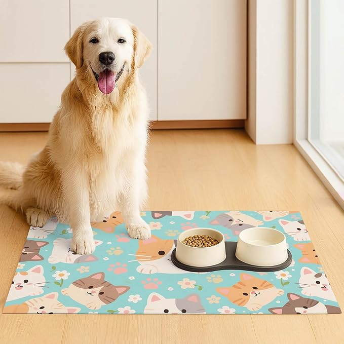 Cat Feeding Mat 24x16 inch Blue Kitten Print Pet Bowl Placemat Non Slip Floor - Image 3