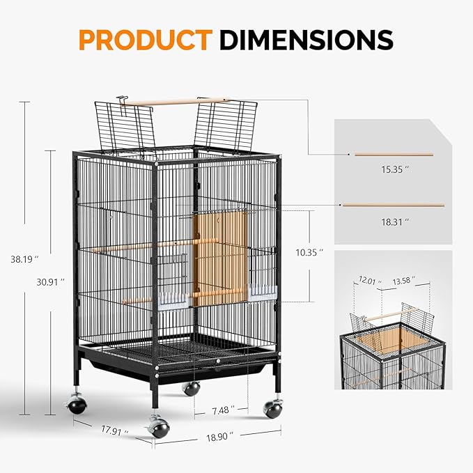 VINGLI Bird Cage with Wheels, Durable Wrought Iron Parakeet Cage with Slide Out - Image 6
