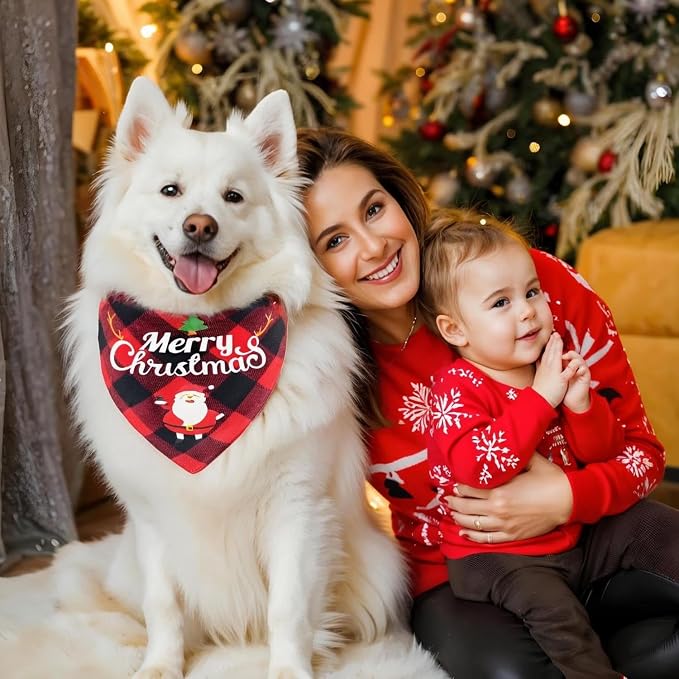 Christmas Dog Bandanas 2PCS-XLarge, Classic Plaid Triangle Holiday Scarf - Image 7