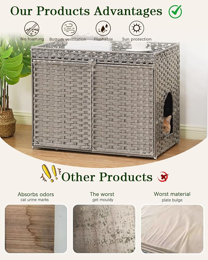 Cat Litter Box Enclosure Furniture, Handwoven Rattan Hidden Litter Box - Image 3