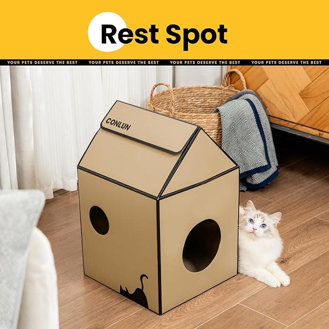 Cardboard Cat House with Scratch Pad & Catnip, Cat Play Scratching House - Image 4