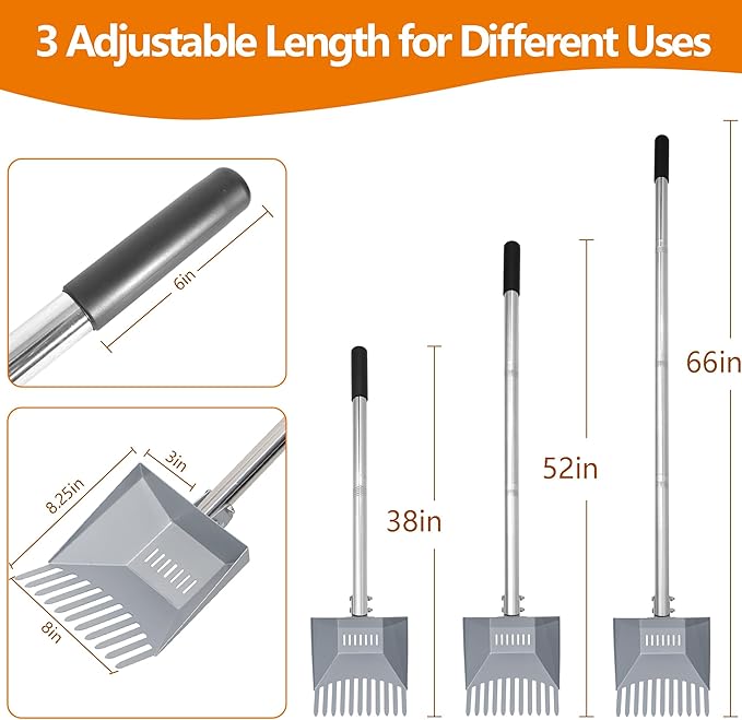 Heavy Duty Pooper Scooper 66in Tempered Spring Steel Scoop Long Stainless Steel - Image 3