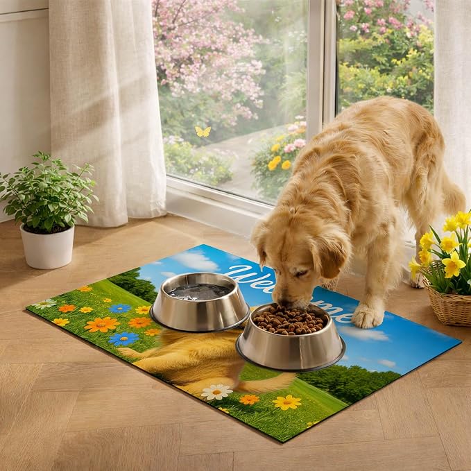 Welcome Spring Pet Feeding Mat 24" x 16" Non Slip Dog and Cat Food Mat Easy - Image 2